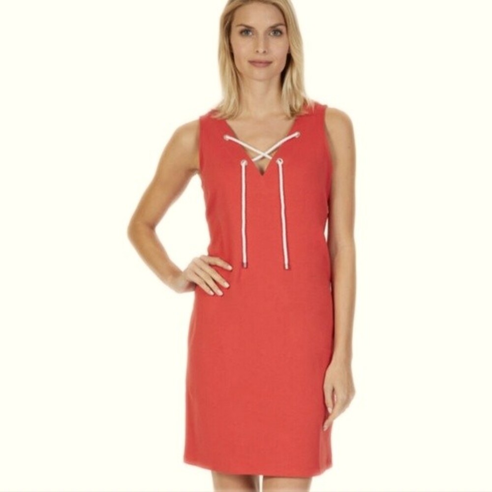 Nautica 100% cotton criss cross tie front mini dress - coral orange - XL